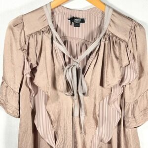 Fumblin Foe Anthropologie Sheer Striped Ruffle Tie Neck Silk Blouse Top Tan S